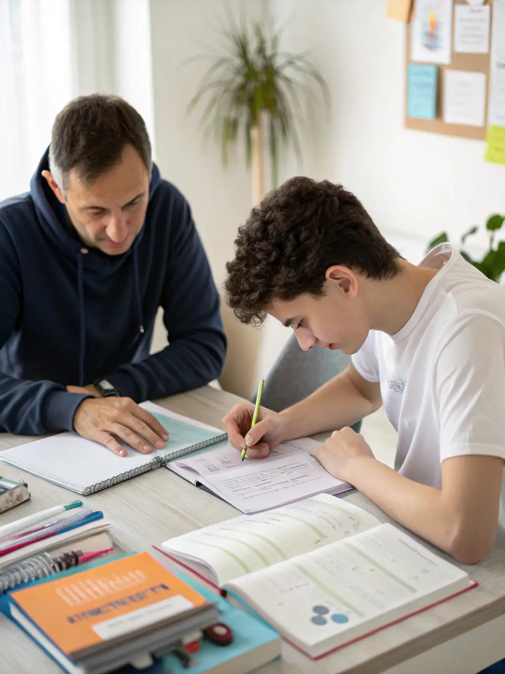 A focused student diligently working through practice questions in a brightly lit, modern study environment, surrounded by textbooks and stationery, representing the intensity of holiday revision courses at Elite School Tutors.