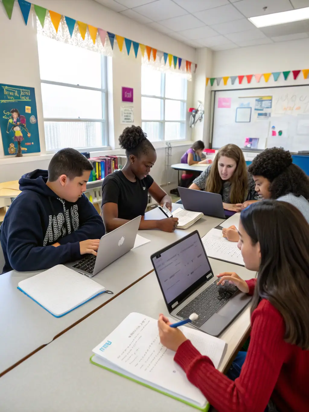 A group of students collaborating on a project in a well-equipped classroom, with a teacher facilitating the discussion, highlighting the collaborative and engaging learning environment at Elite School Tutors.